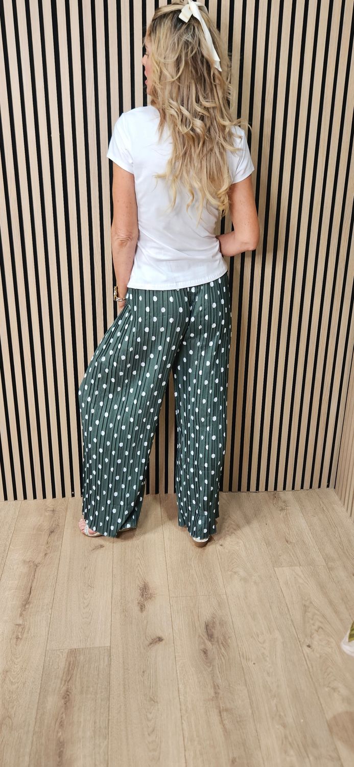 Polka Dot Pleated Wide Leg Trousers - Khaki