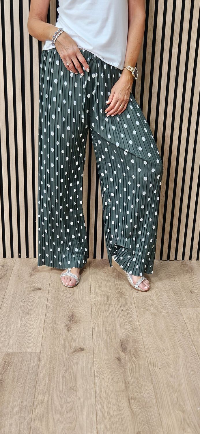 Polka Dot Pleated Wide Leg Trousers - Khaki