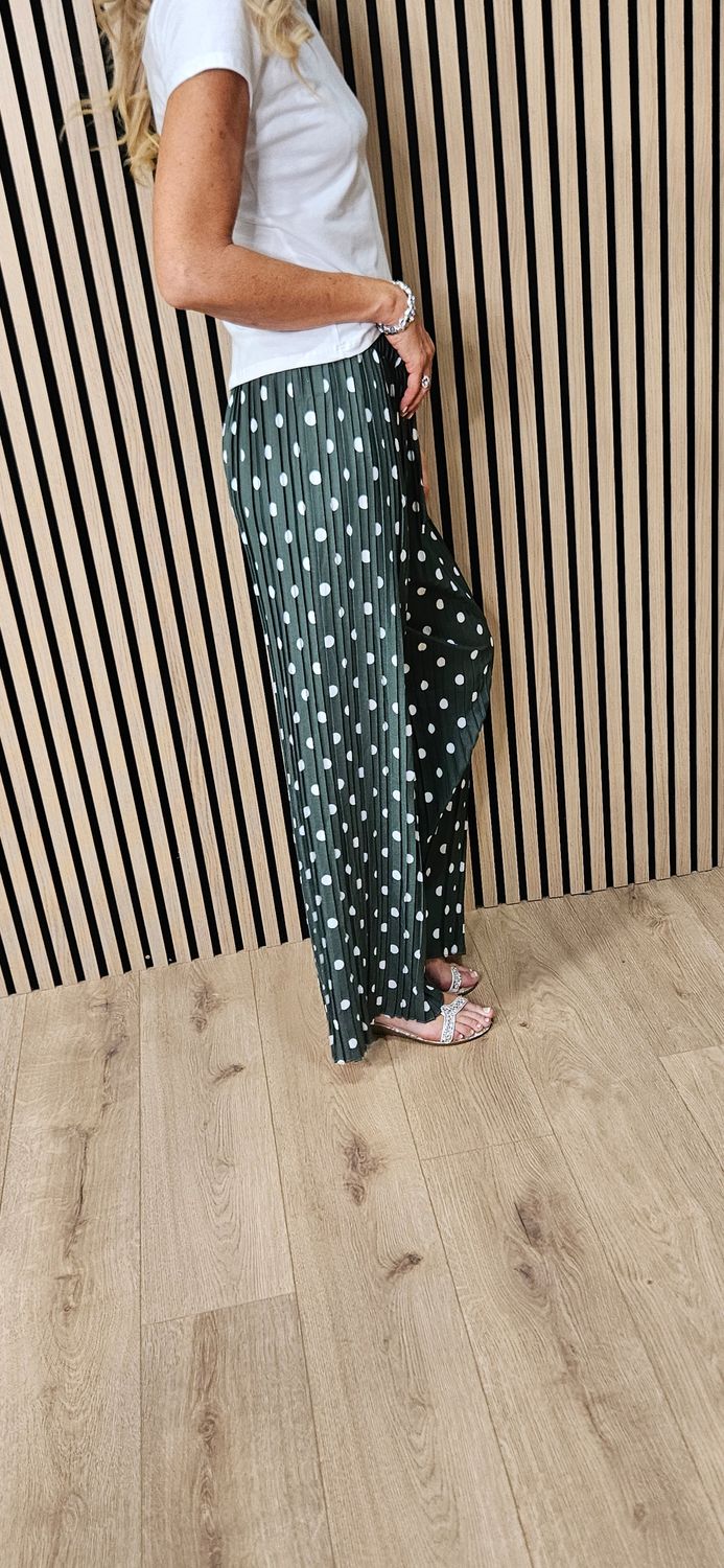Polka Dot Pleated Wide Leg Trousers - Khaki