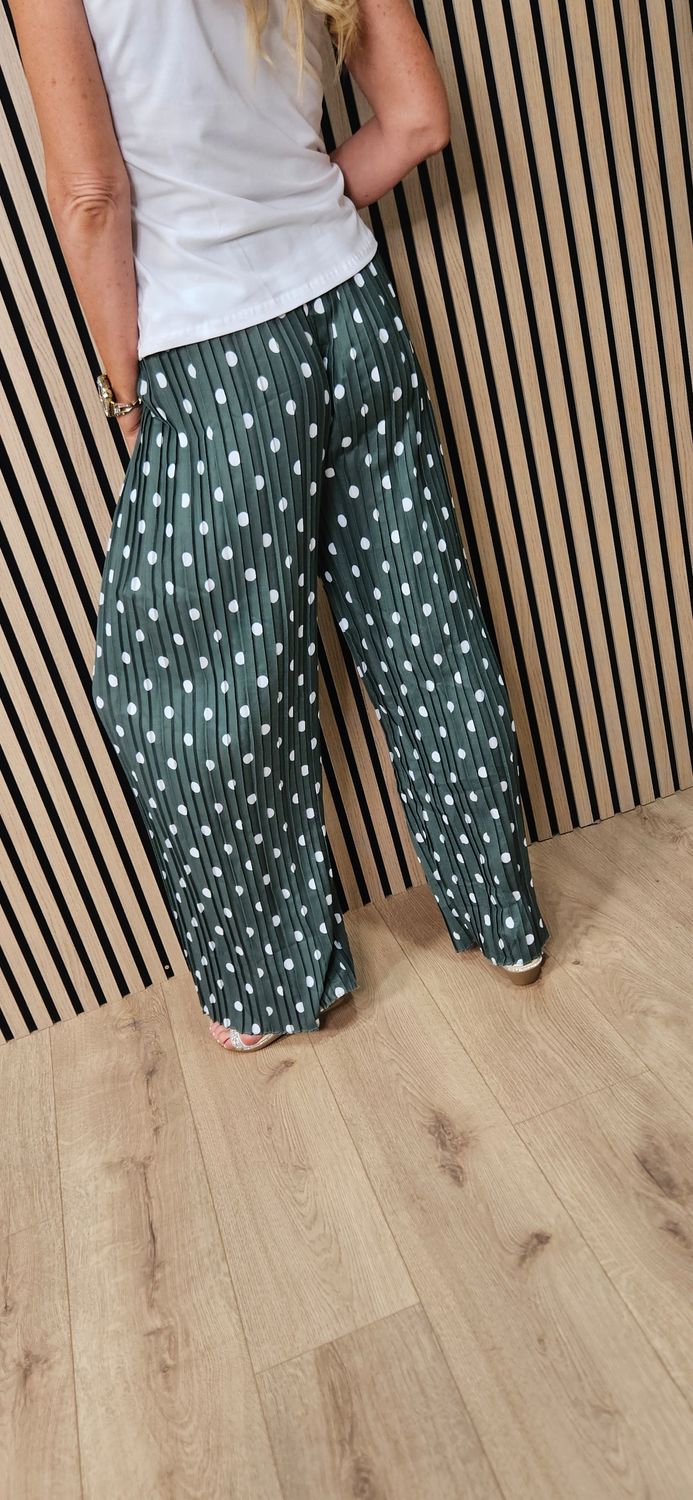 Polka Dot Pleated Wide Leg Trousers - Khaki