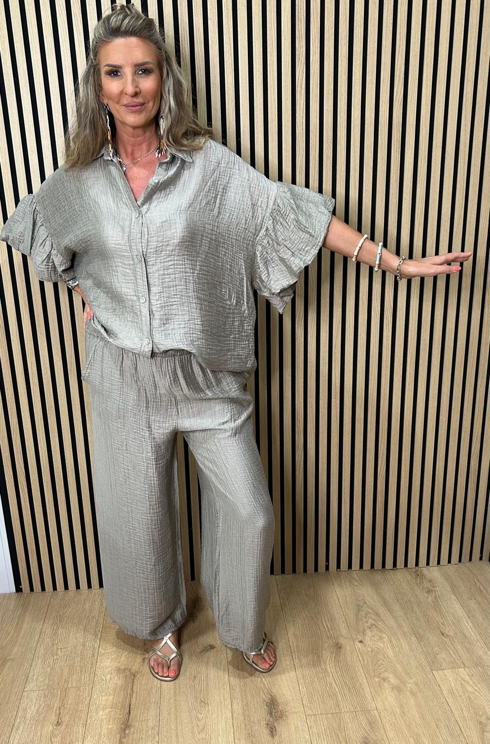 Frill Sleeve Crinkle Co-Ord Set ~ Pewter