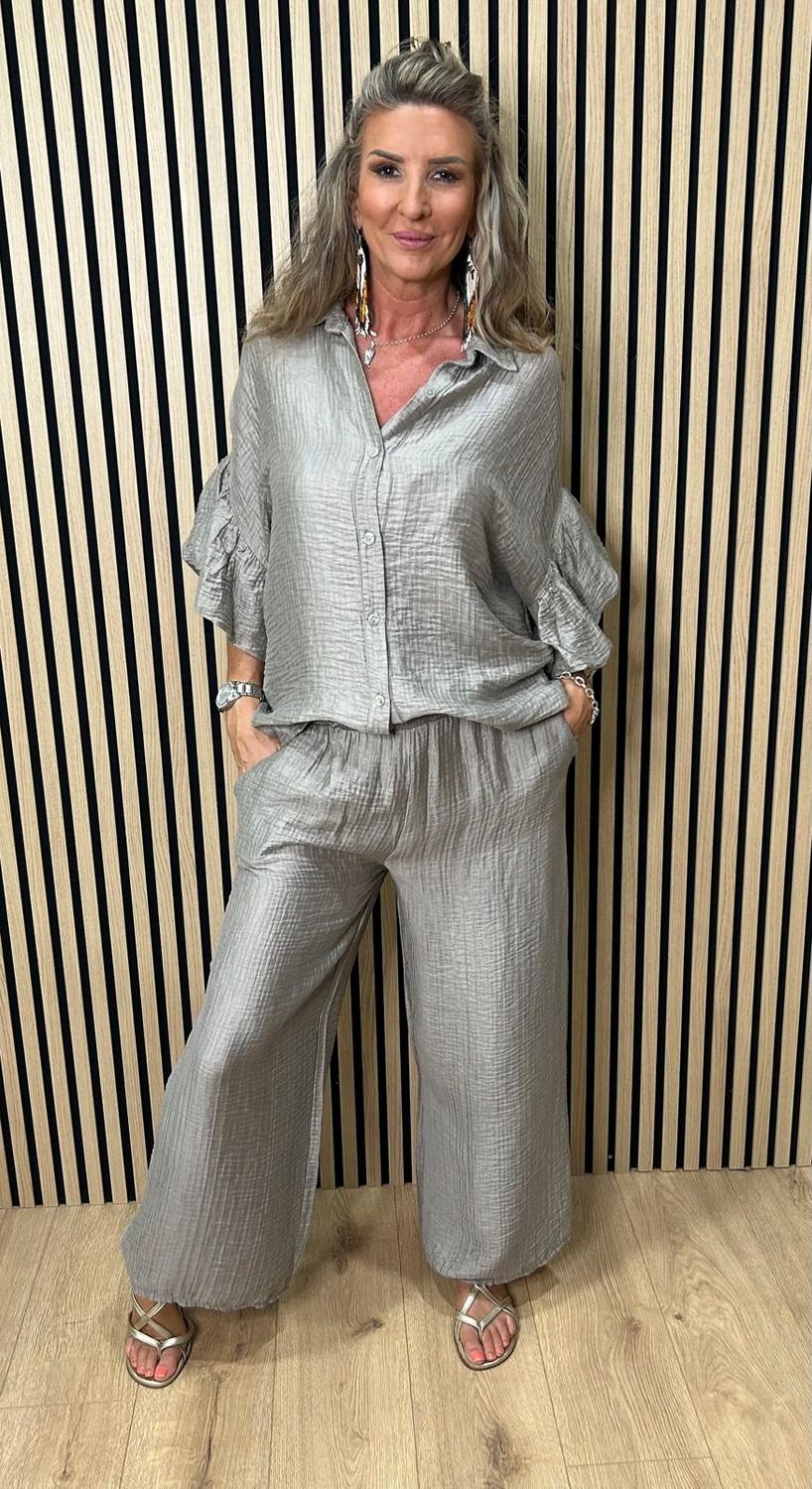 Frill Sleeve Crinkle Co-Ord Set ~ Pewter