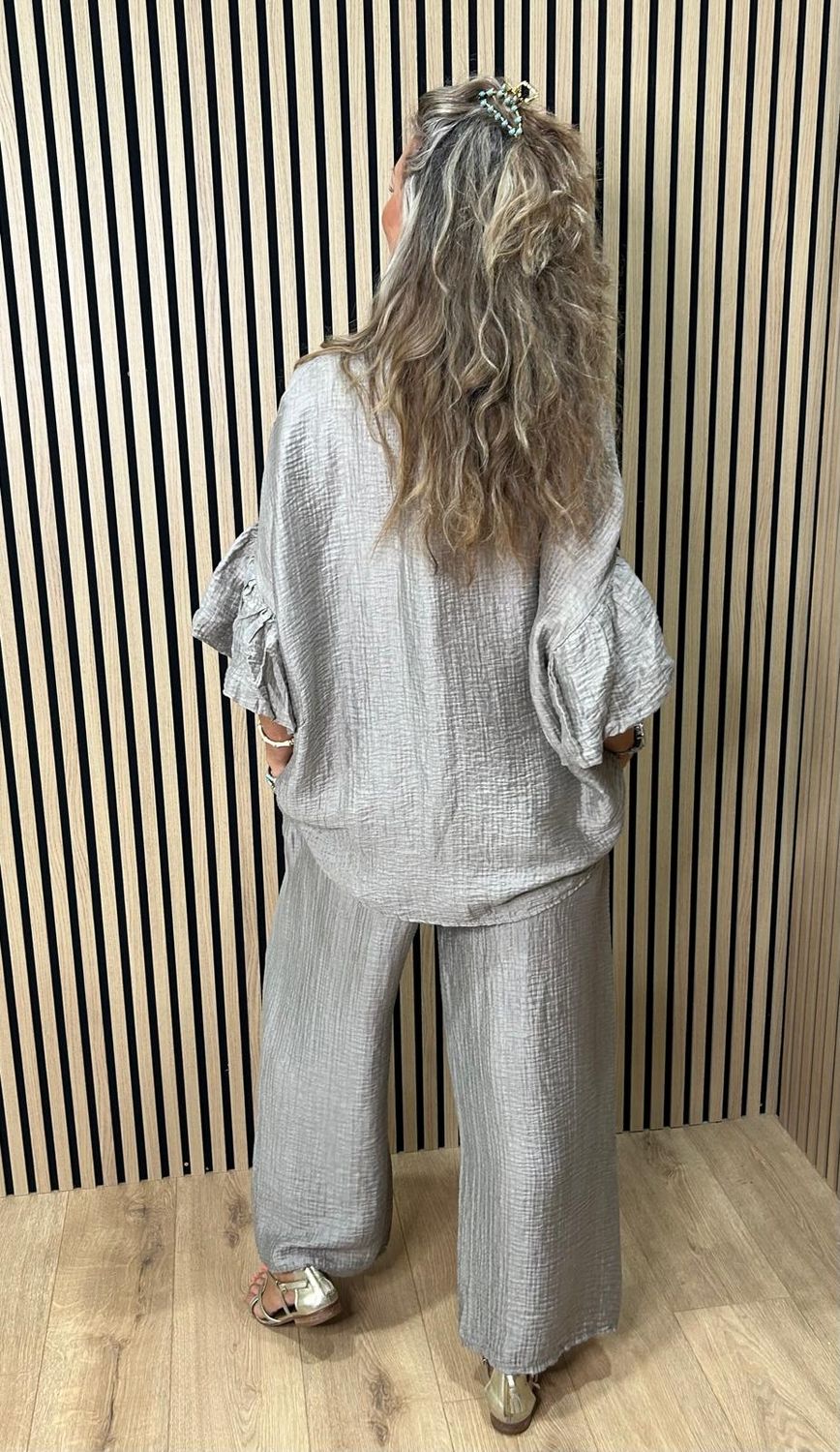Frill Sleeve Crinkle Co-Ord Set ~ Pewter