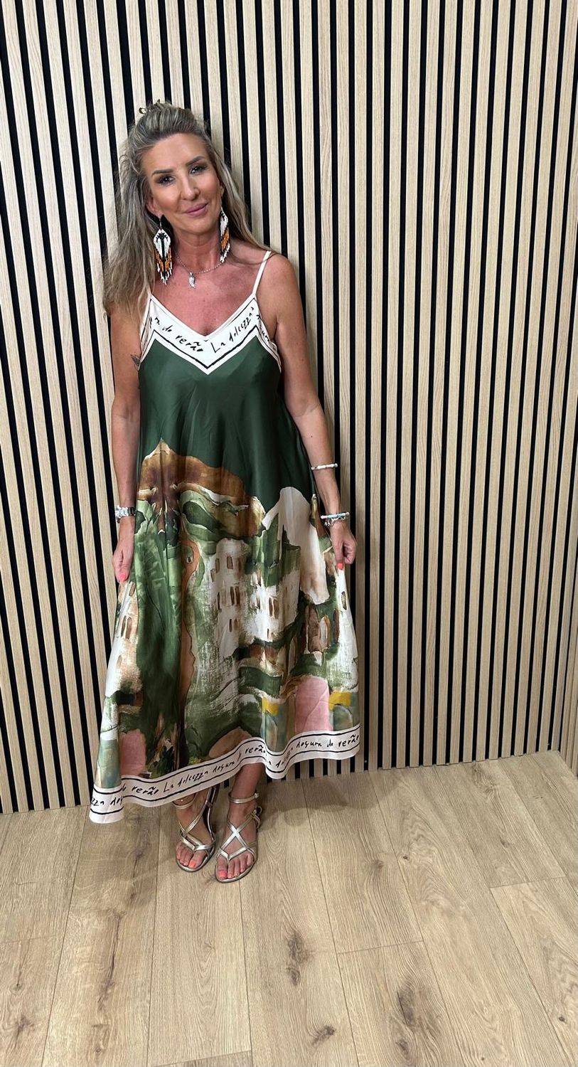 Côte D’Azur Print Satin Maxi Dress ~ Khaki
