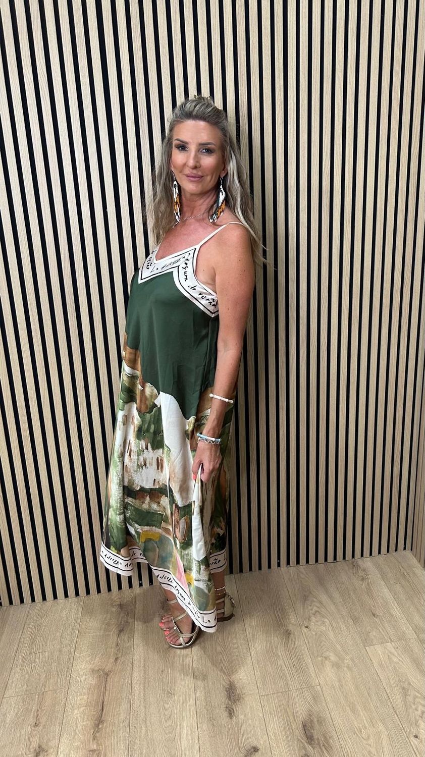 Côte D’Azur Print Satin Maxi Dress ~ Khaki