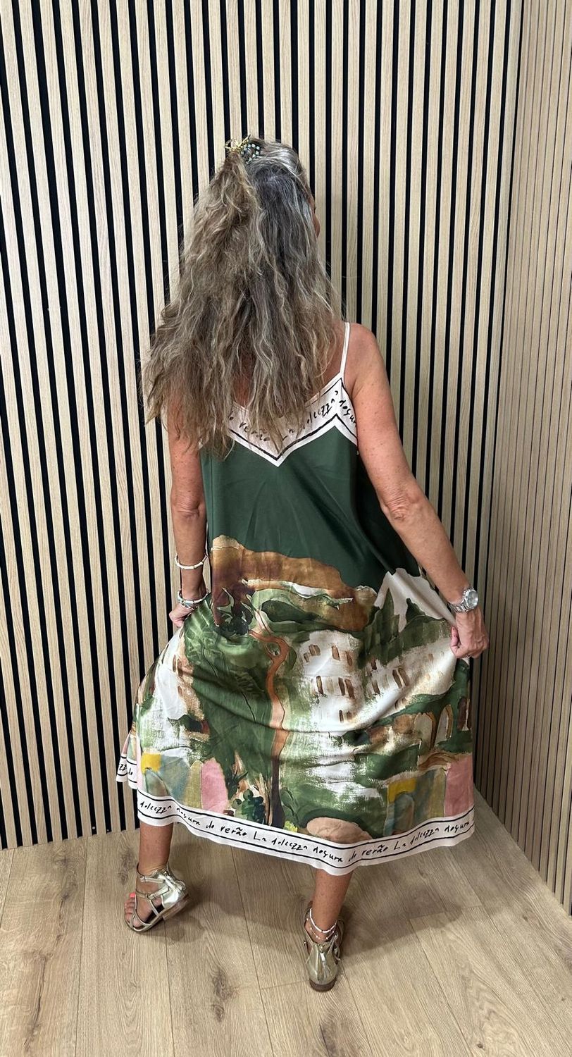 Côte D’Azur Print Satin Maxi Dress ~ Khaki