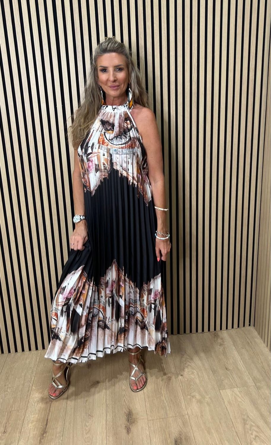 Côte D’Azur Print Pleated Satin Maxi Dress