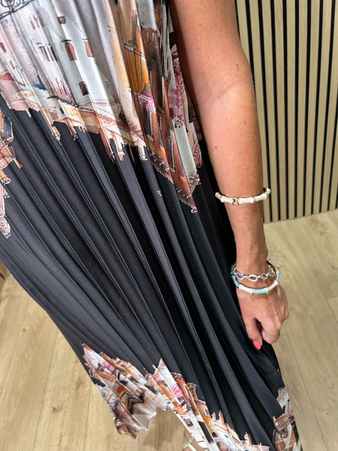 Côte D’Azur Print Pleated Satin Maxi Dress