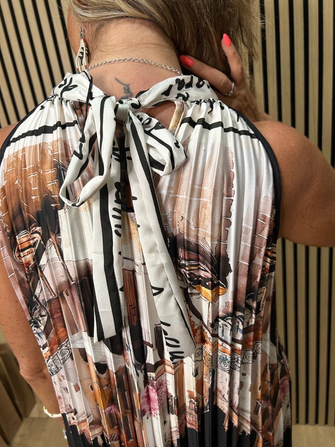 Côte D’Azur Print Pleated Satin Maxi Dress