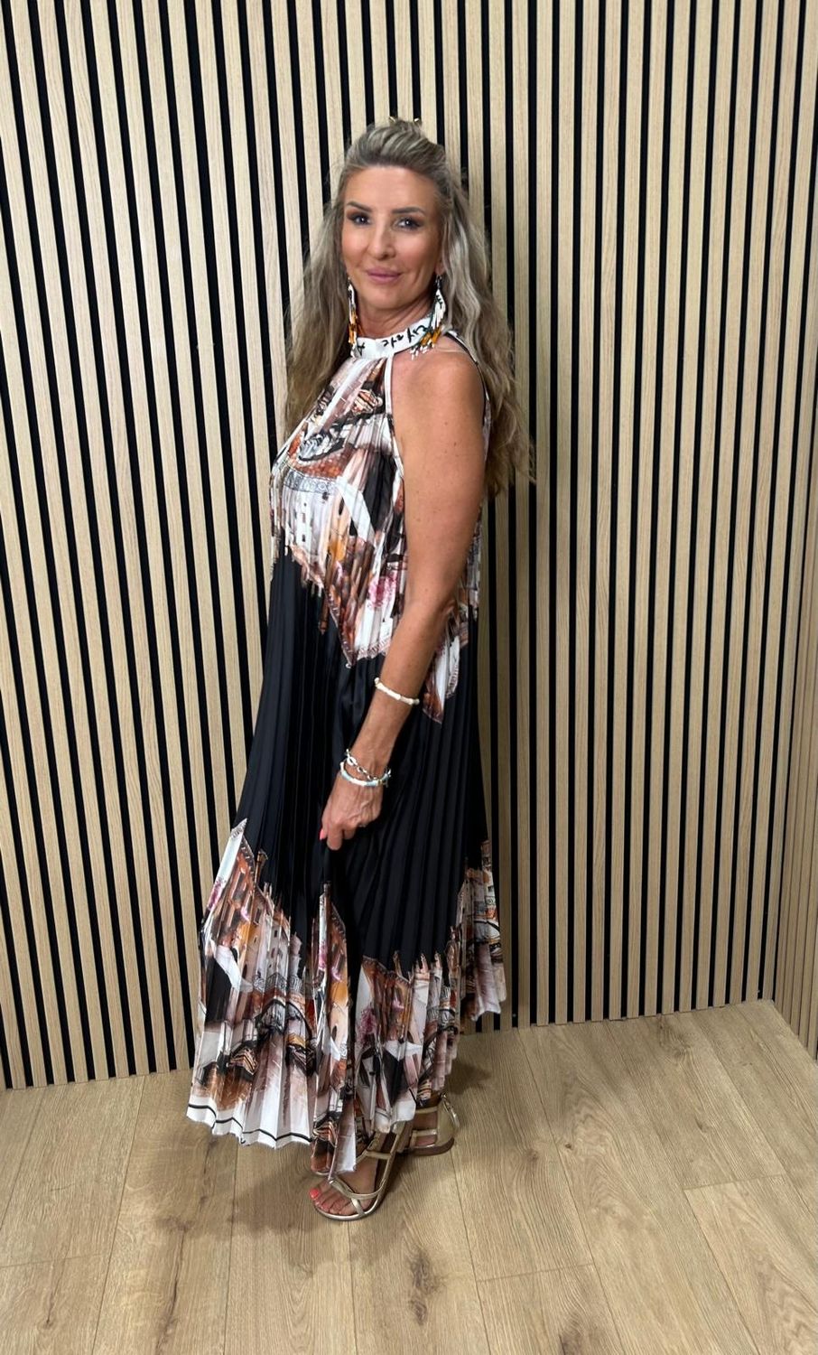 Côte D’Azur Print Pleated Satin Maxi Dress