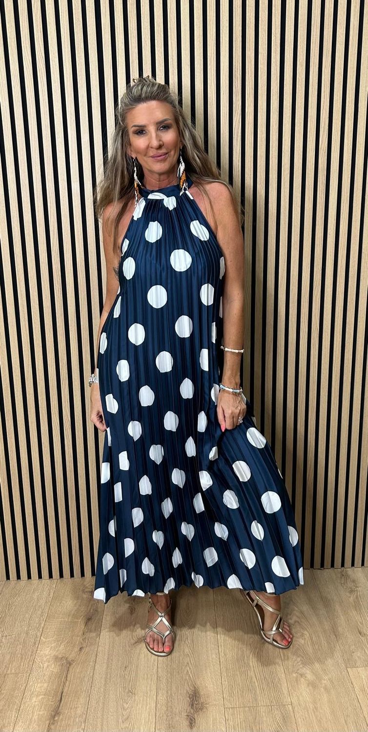 Polka Dot Pleated Satin Maxi Dress ~ Navy