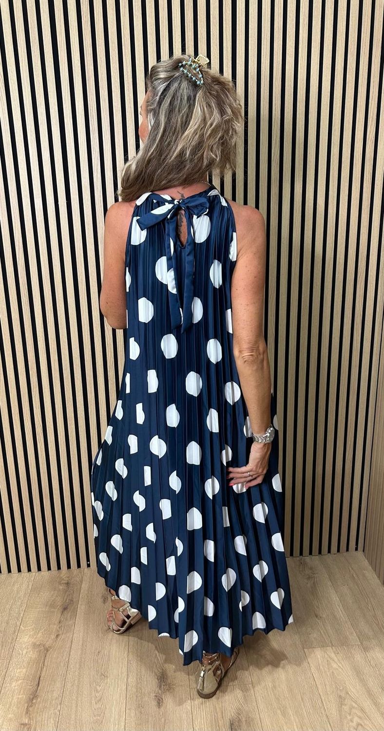 Polka Dot Pleated Satin Maxi Dress ~ Navy