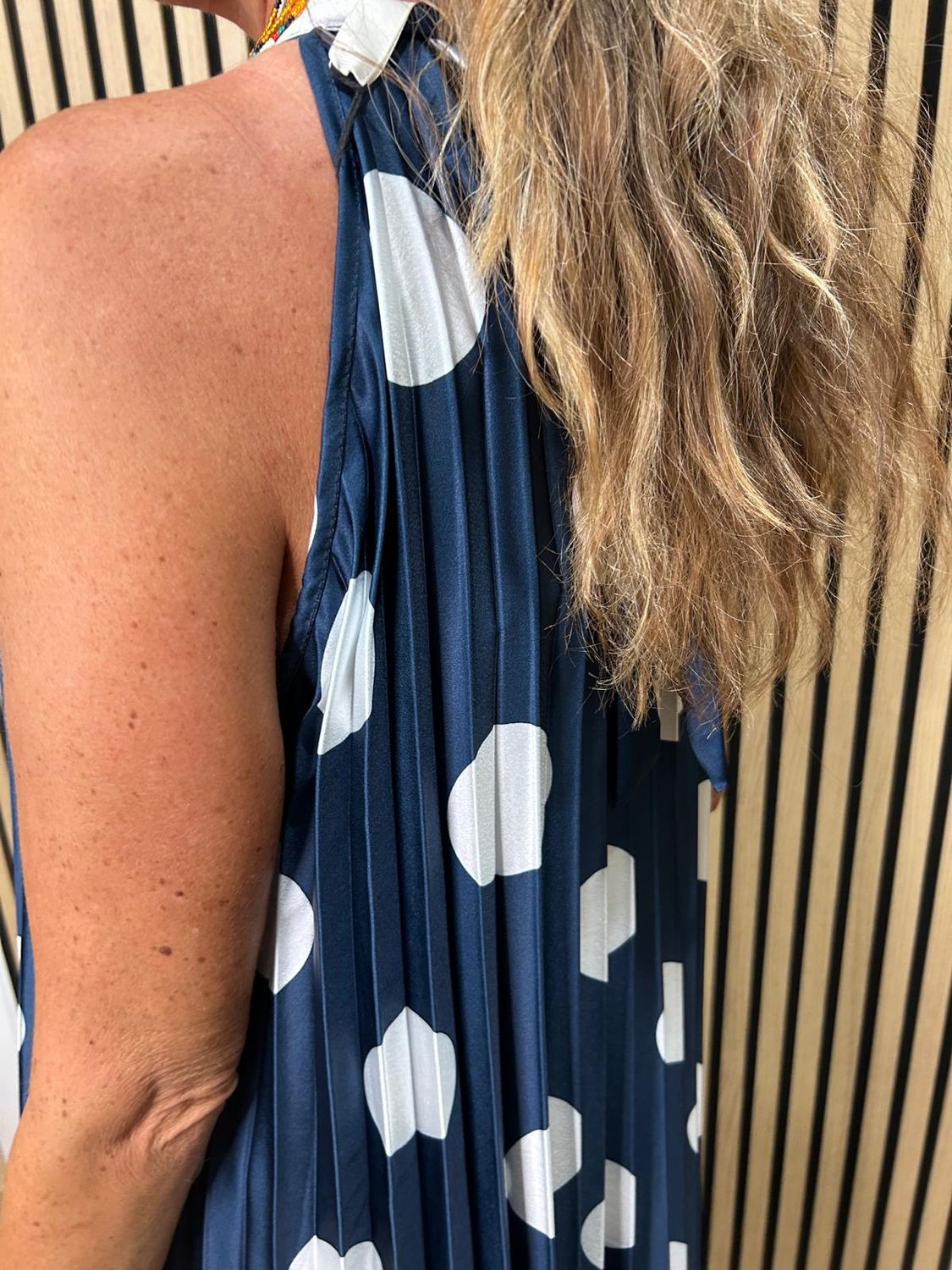 Polka Dot Pleated Satin Maxi Dress ~ Navy