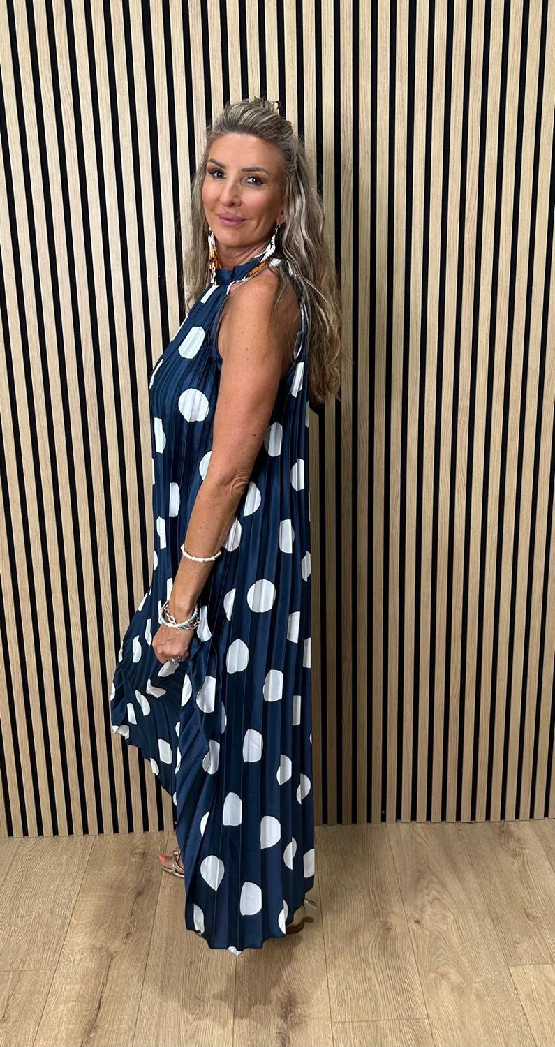 Polka Dot Pleated Satin Maxi Dress ~ Navy
