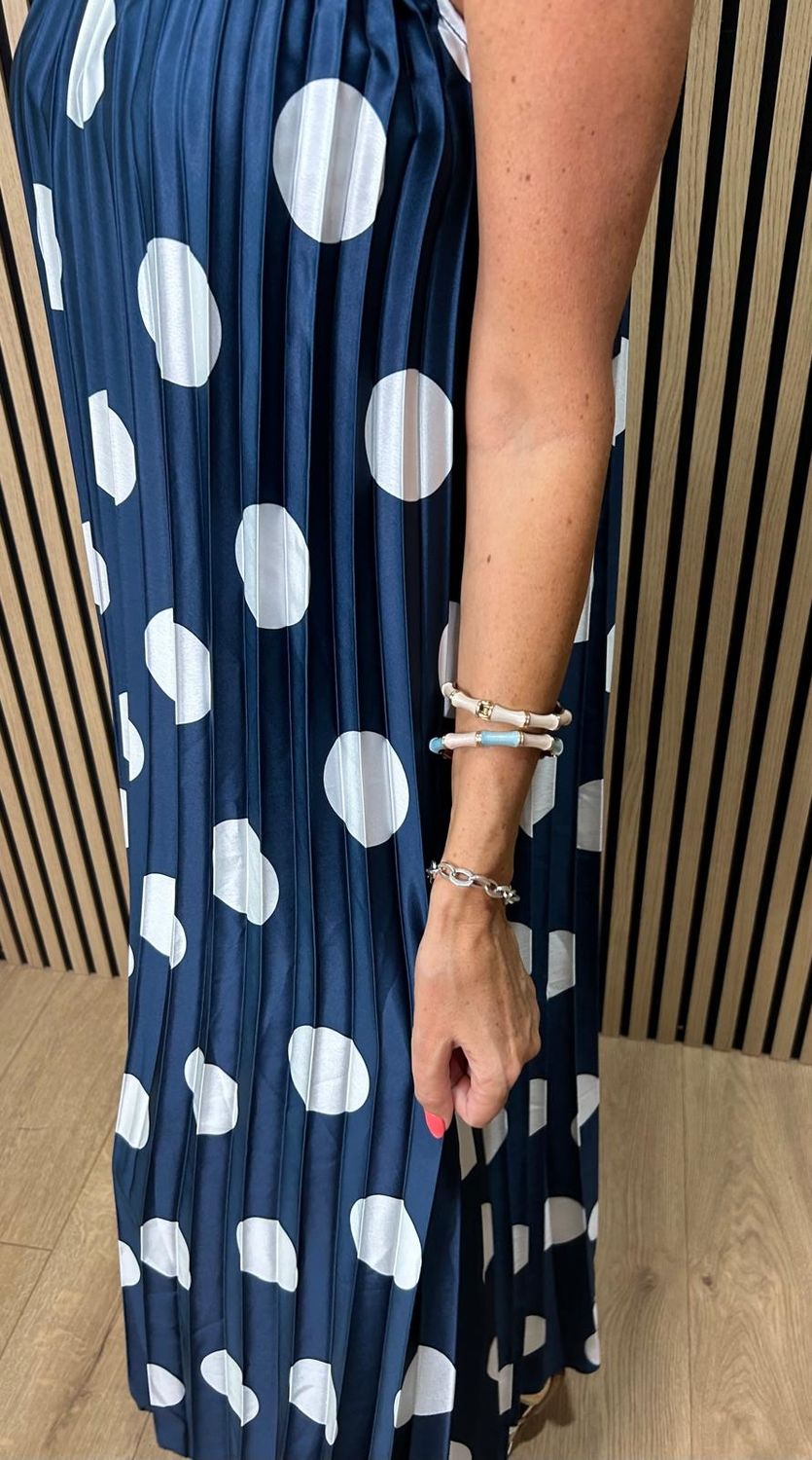 Polka Dot Pleated Satin Maxi Dress ~ Navy