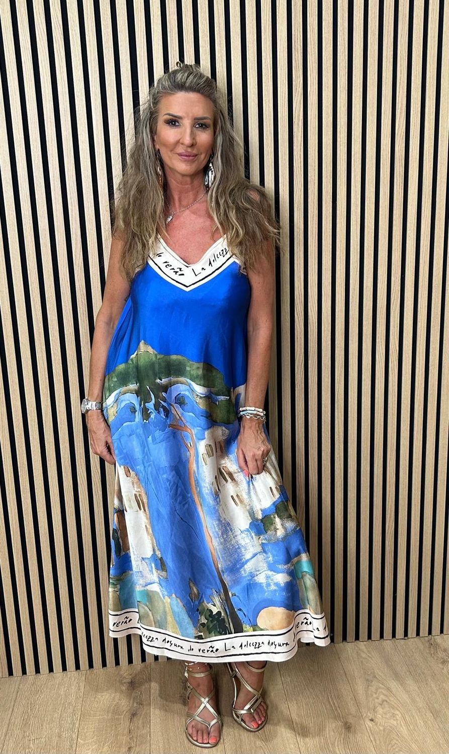 Côte D’Azur Print Satin Maxi Dress ~ Royal blue