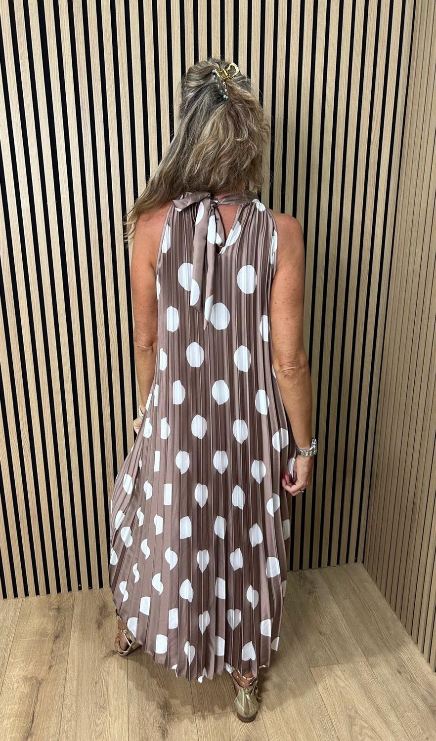 Polka Dot Pleated Satin Maxi Dress ~ Beige