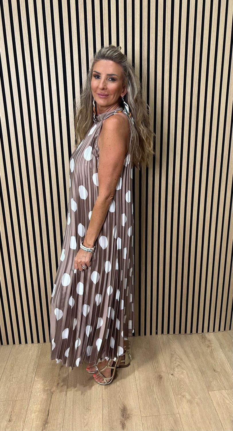 Polka Dot Pleated Satin Maxi Dress ~ Beige
