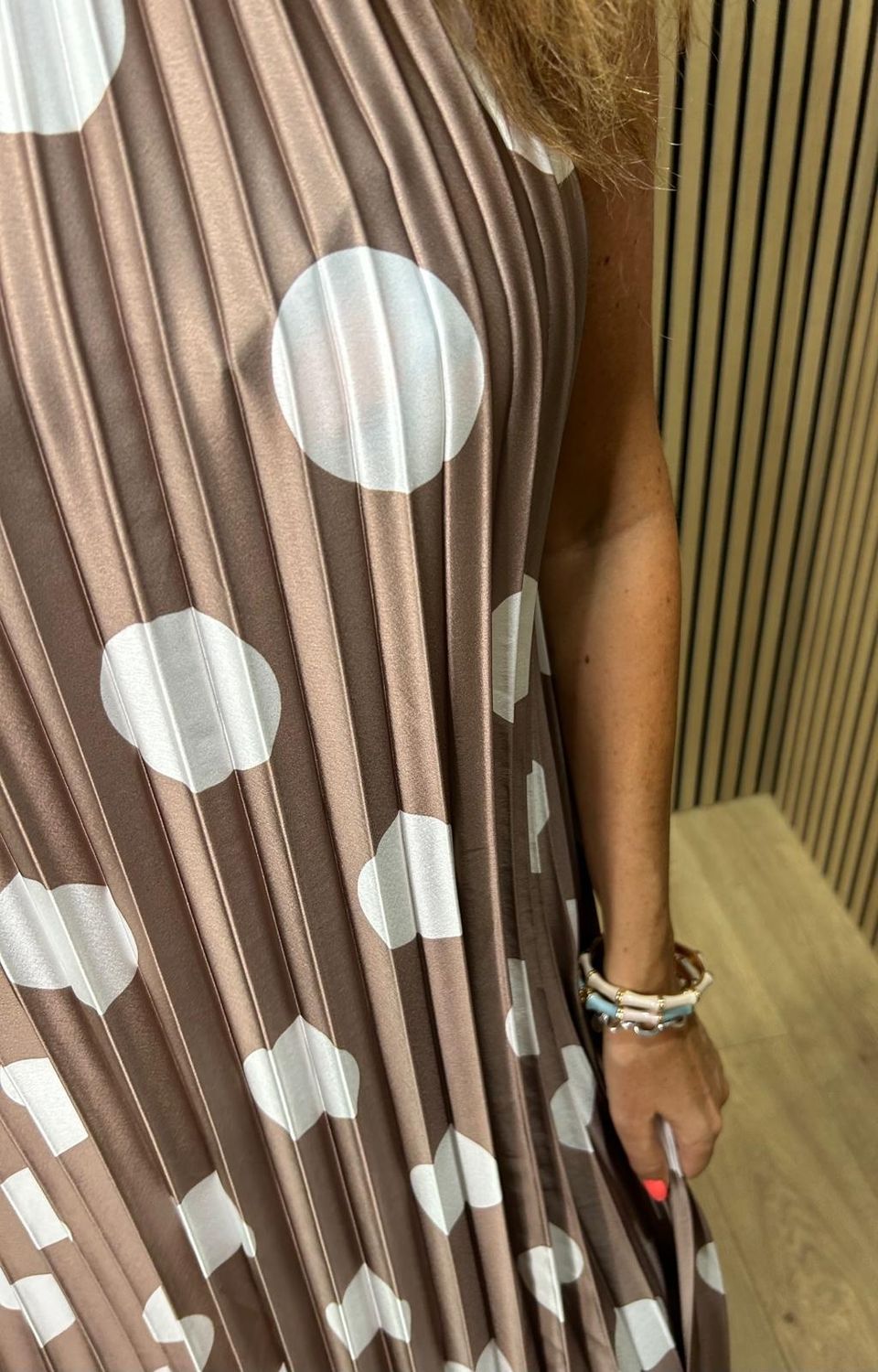 Polka Dot Pleated Satin Maxi Dress ~ Beige