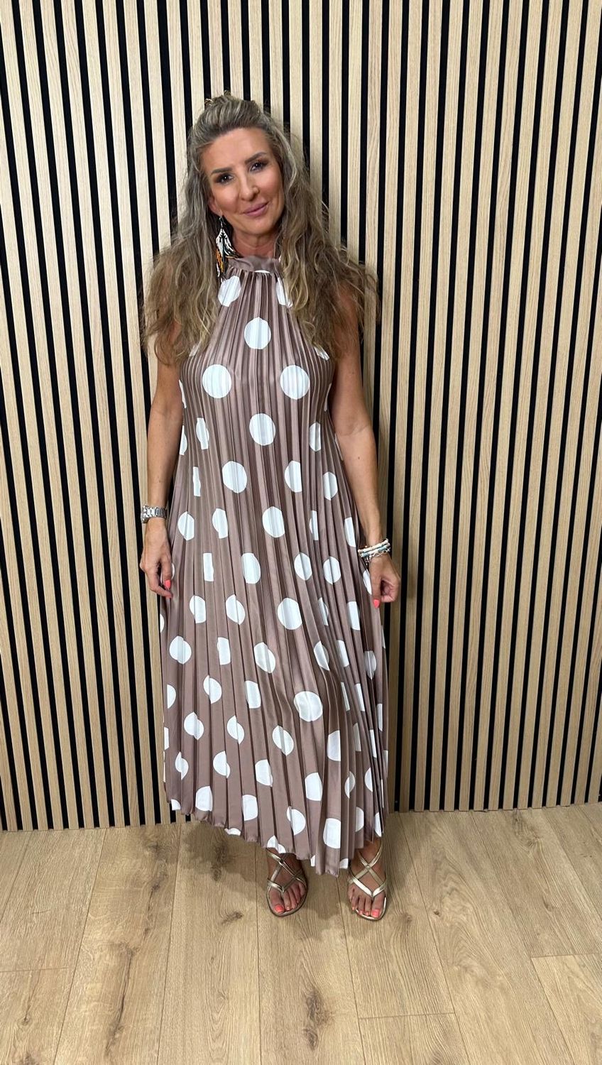 Polka Dot Pleated Satin Maxi Dress ~ Beige