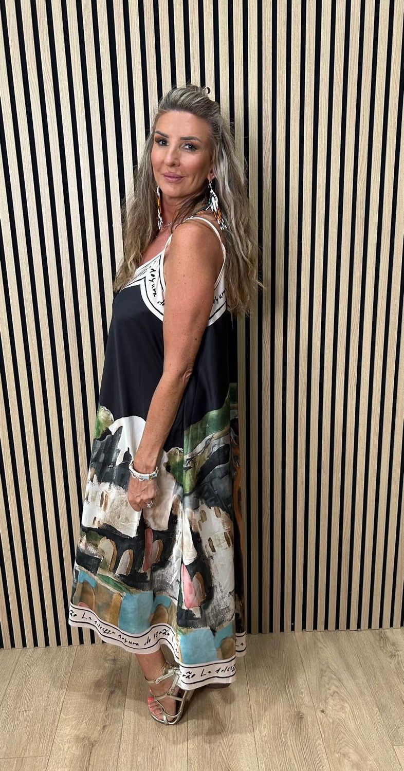 Côte D’Azur Print Satin Maxi Dress ~ Black