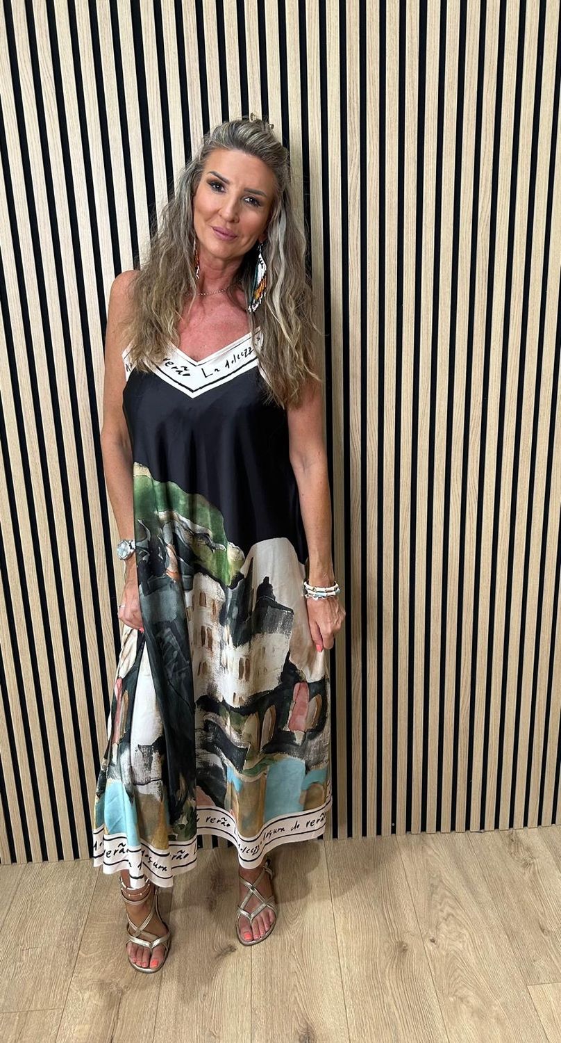 Côte D’Azur Print Satin Maxi Dress ~ Black