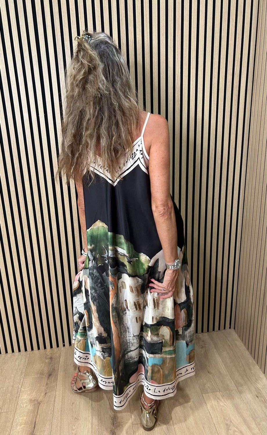 Côte D’Azur Print Satin Maxi Dress ~ Black