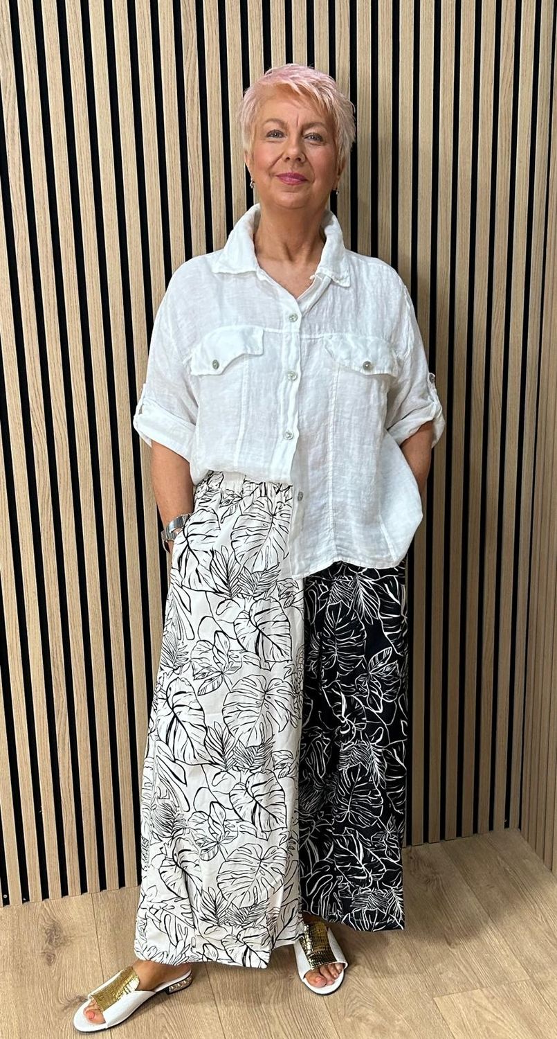 Monochrome Tropical Print Wide Leg Trousers - Black 