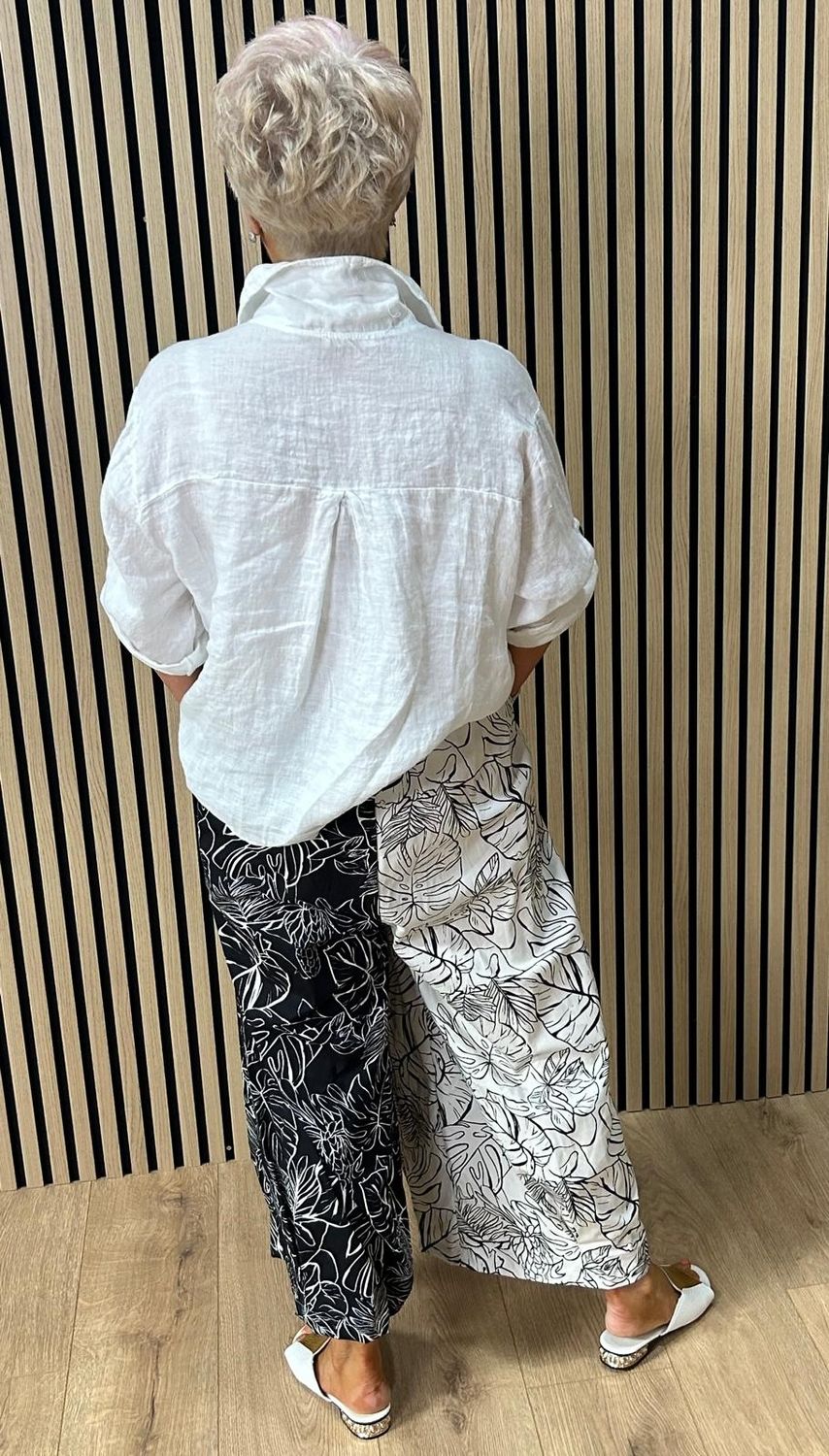 Monochrome Tropical Print Wide Leg Trousers - Black 