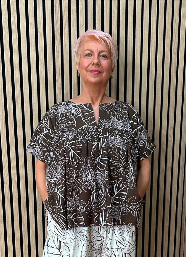 Tropical Leaf Print Cotton Smock Top - Brown