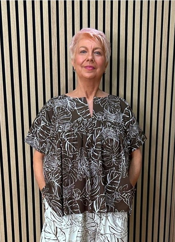 Tropical Leaf Print Cotton Smock Top - Brown