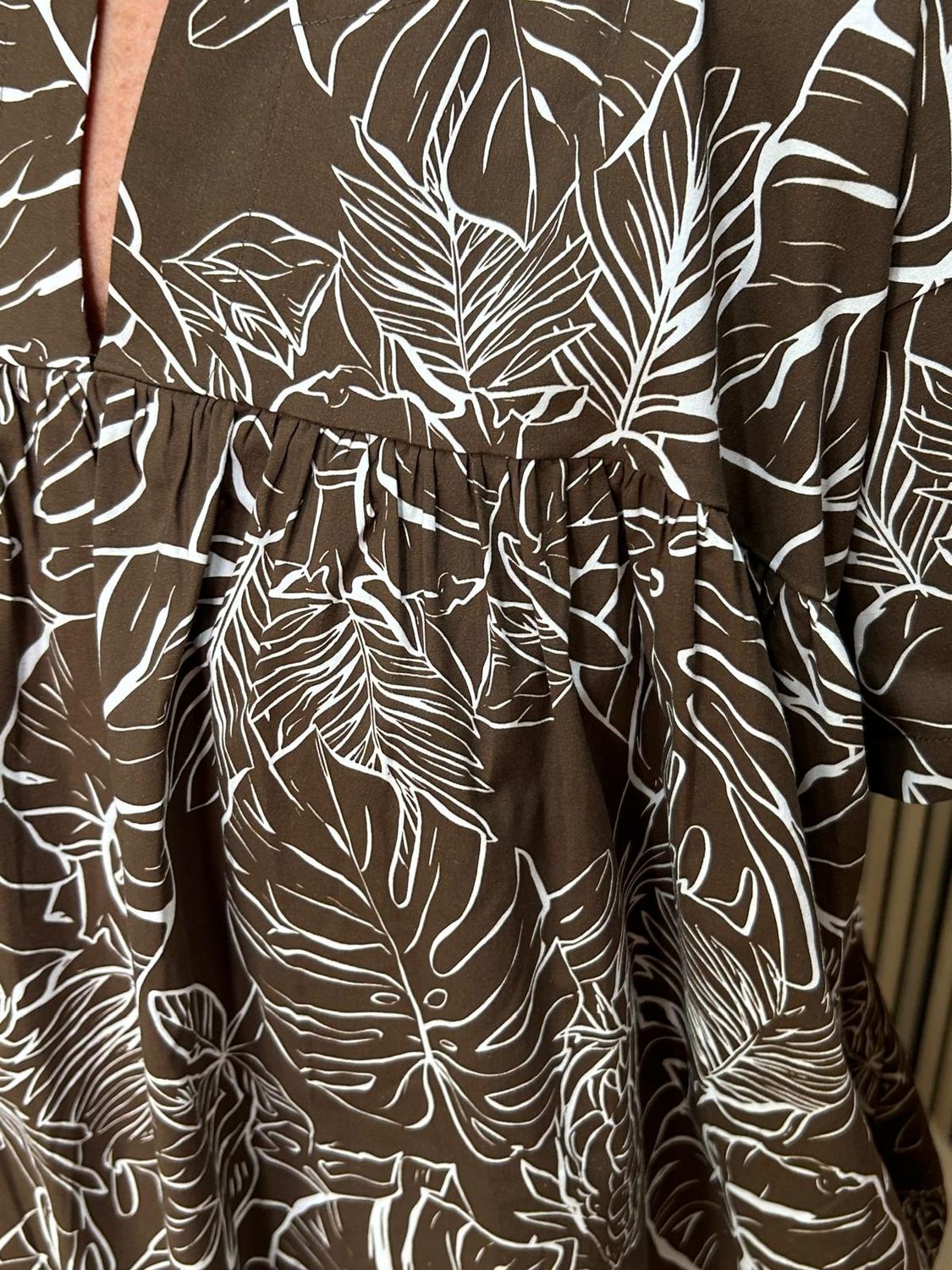 Tropical Leaf Print Cotton Smock Top - Brown