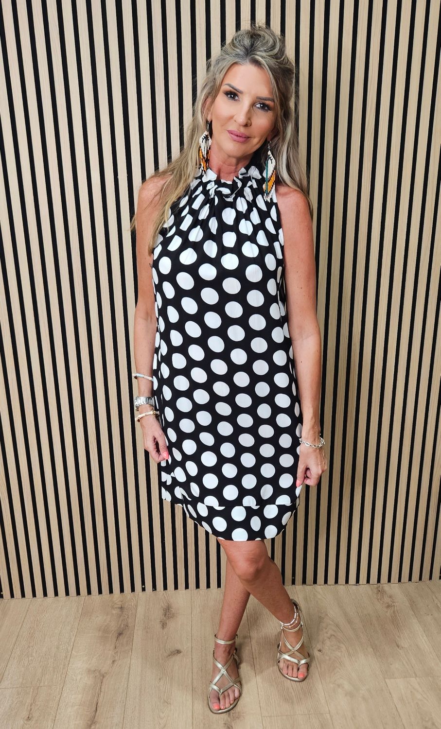 Spot Print Tie Neck Midi Dress ~ Black