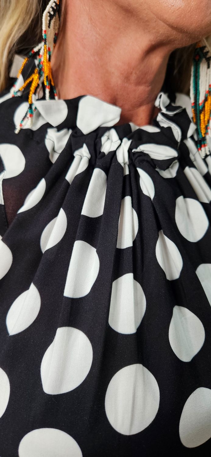 Spot Print Tie Neck Midi Dress ~ Black