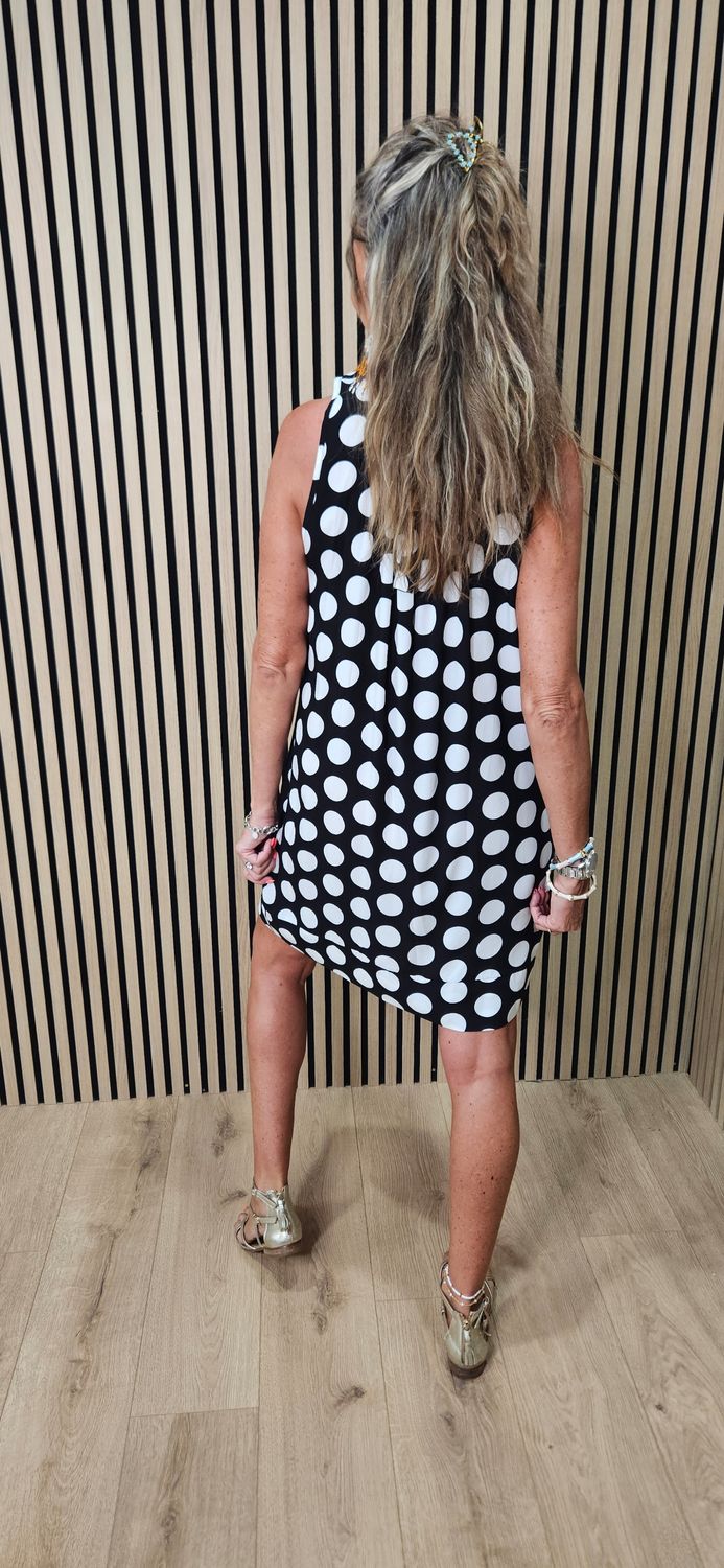 Spot Print Tie Neck Midi Dress ~ Black