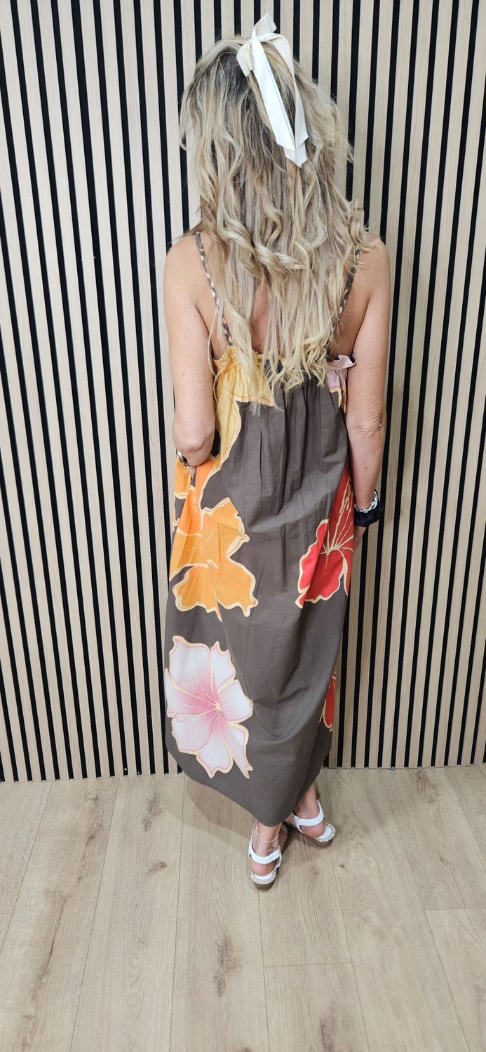 Floral Strap Cotton Maxi Dress ~ Brown/Orange