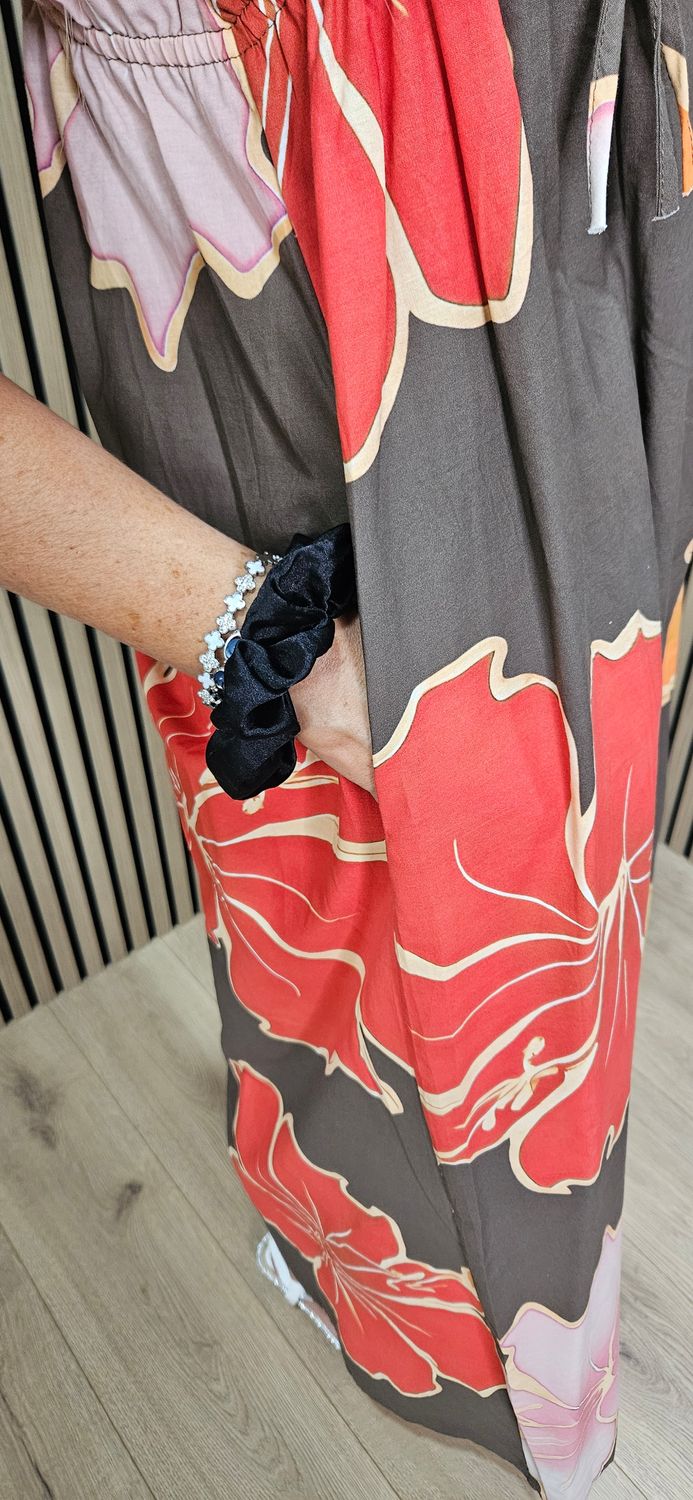 Floral Strap Cotton Maxi Dress ~ Brown/Orange