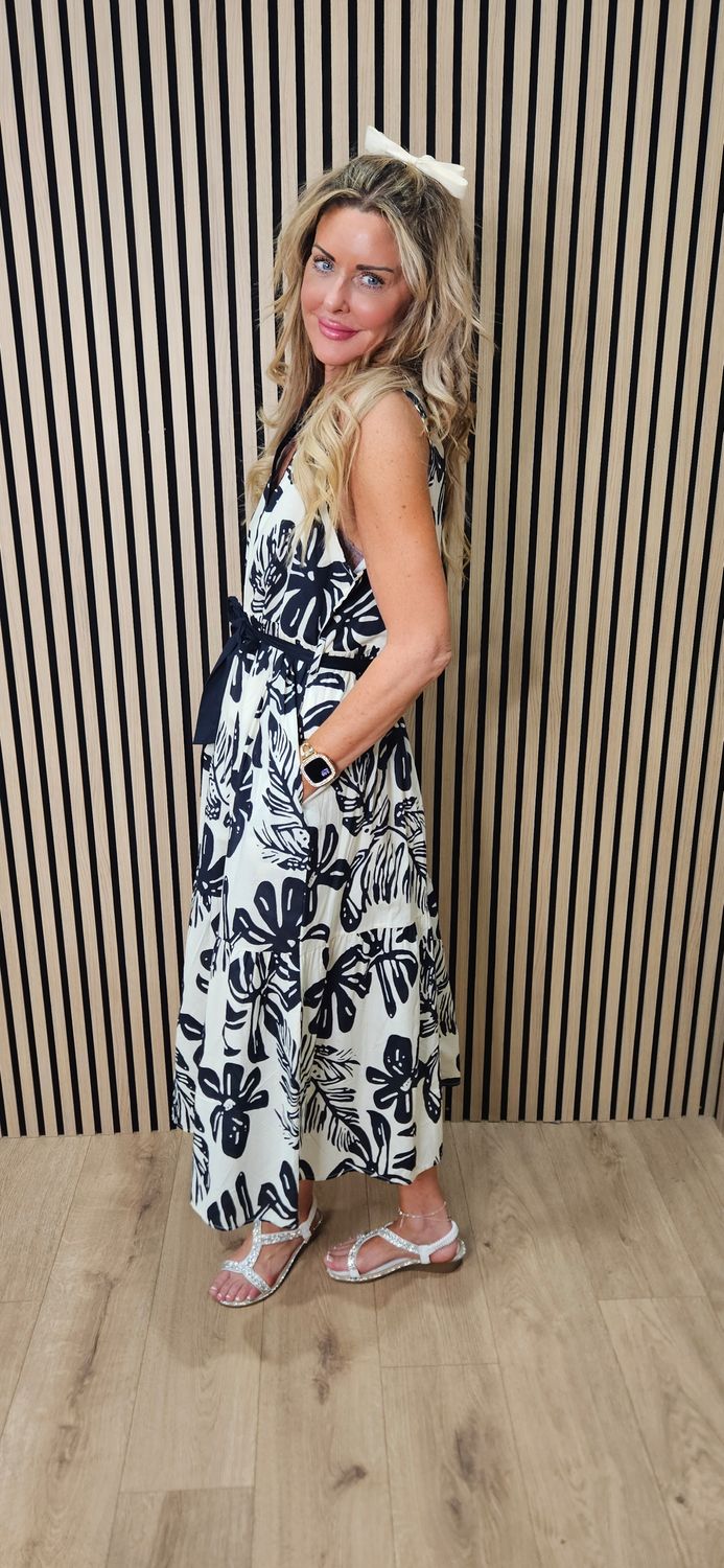 Tropical Print Belted Midi Dress ~ Brown/Cream