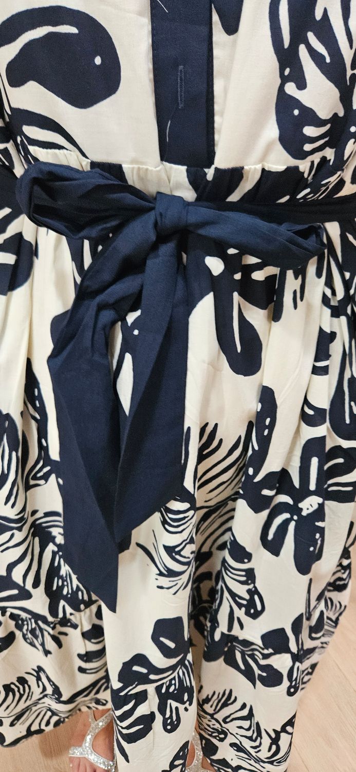 Tropical Print Belted Midi Dress ~ Navy/Cream