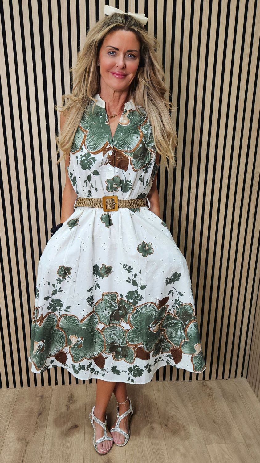 Tropical Broderie Belted Midi Dress ~ Khaki/White