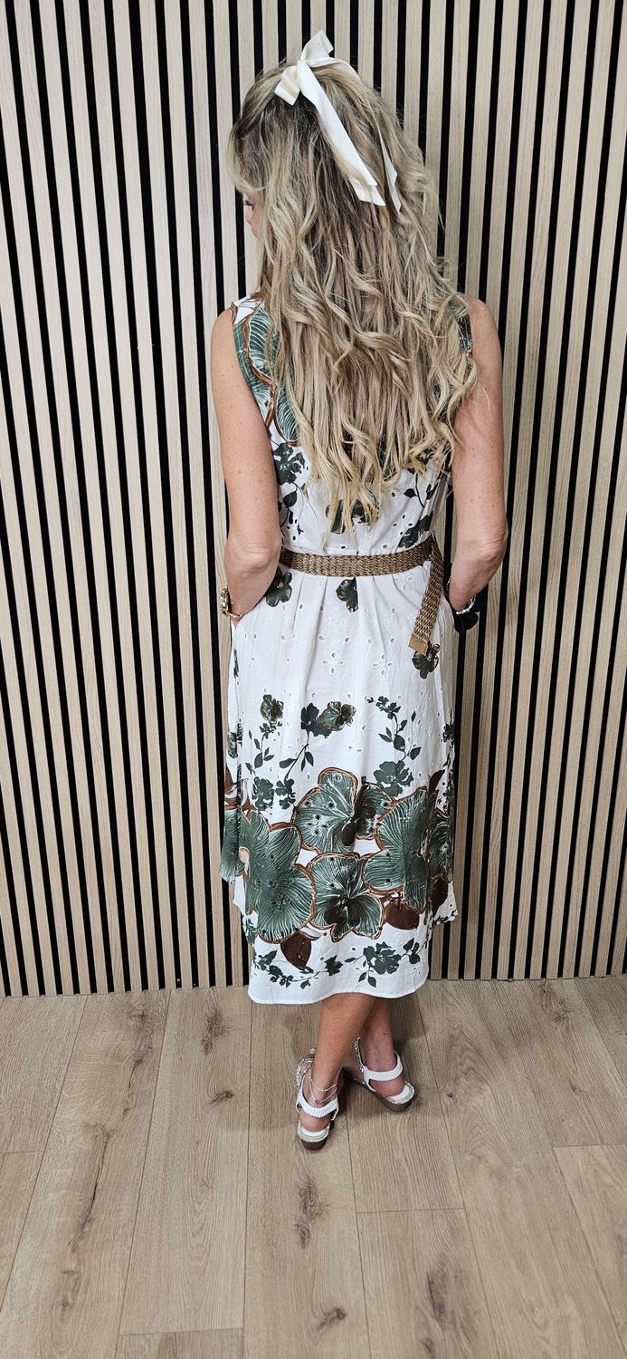 Tropical Broderie Belted Midi Dress ~ Khaki/White