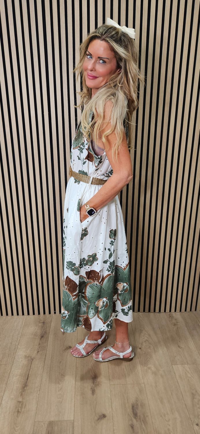 Tropical Broderie Belted Midi Dress ~ Khaki/White