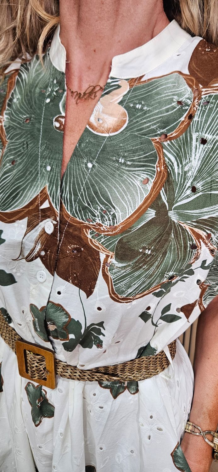 Tropical Broderie Belted Midi Dress ~ Khaki/White
