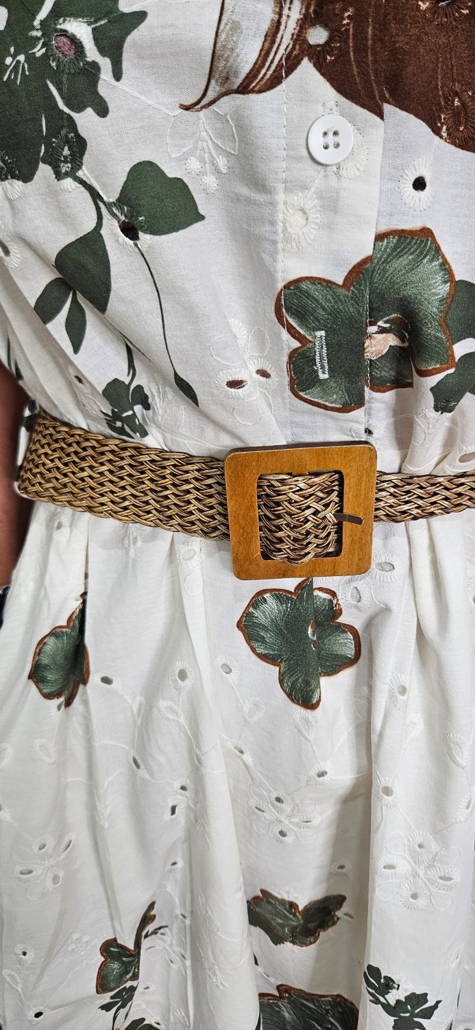 Tropical Broderie Belted Midi Dress ~ Khaki/White