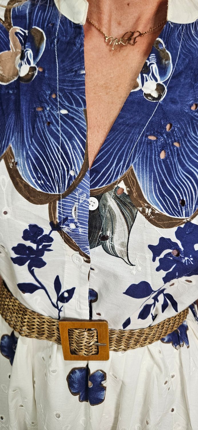 Tropical Broderie Belted Midi Dress ~ Navy/White