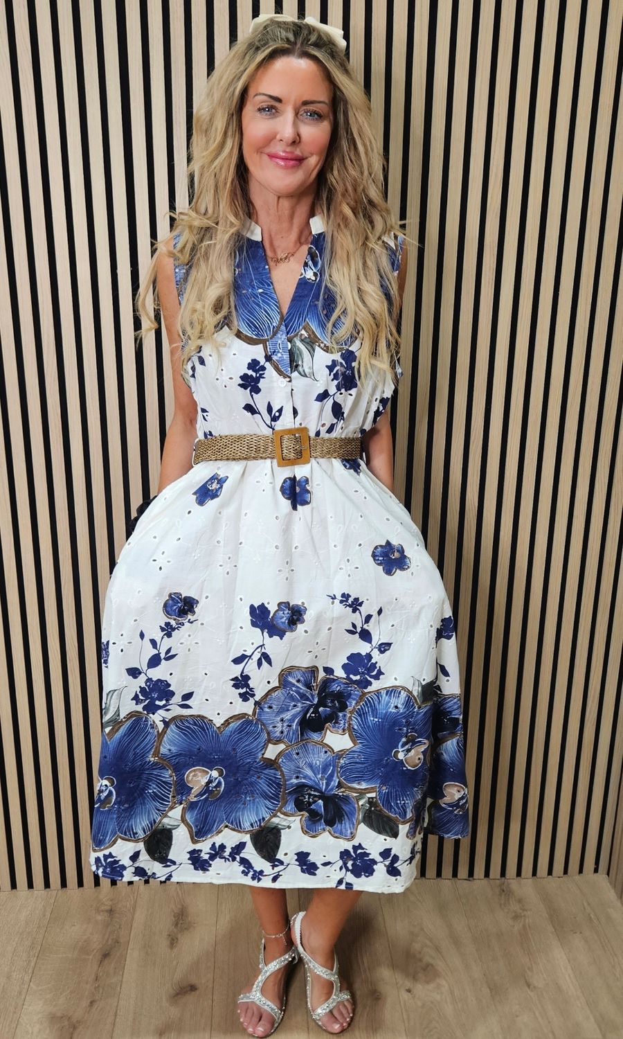 Tropical Broderie Belted Midi Dress ~ Navy/White