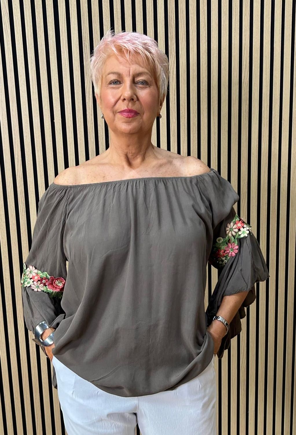 Floral Embroidered Bardot Top ~ Brown