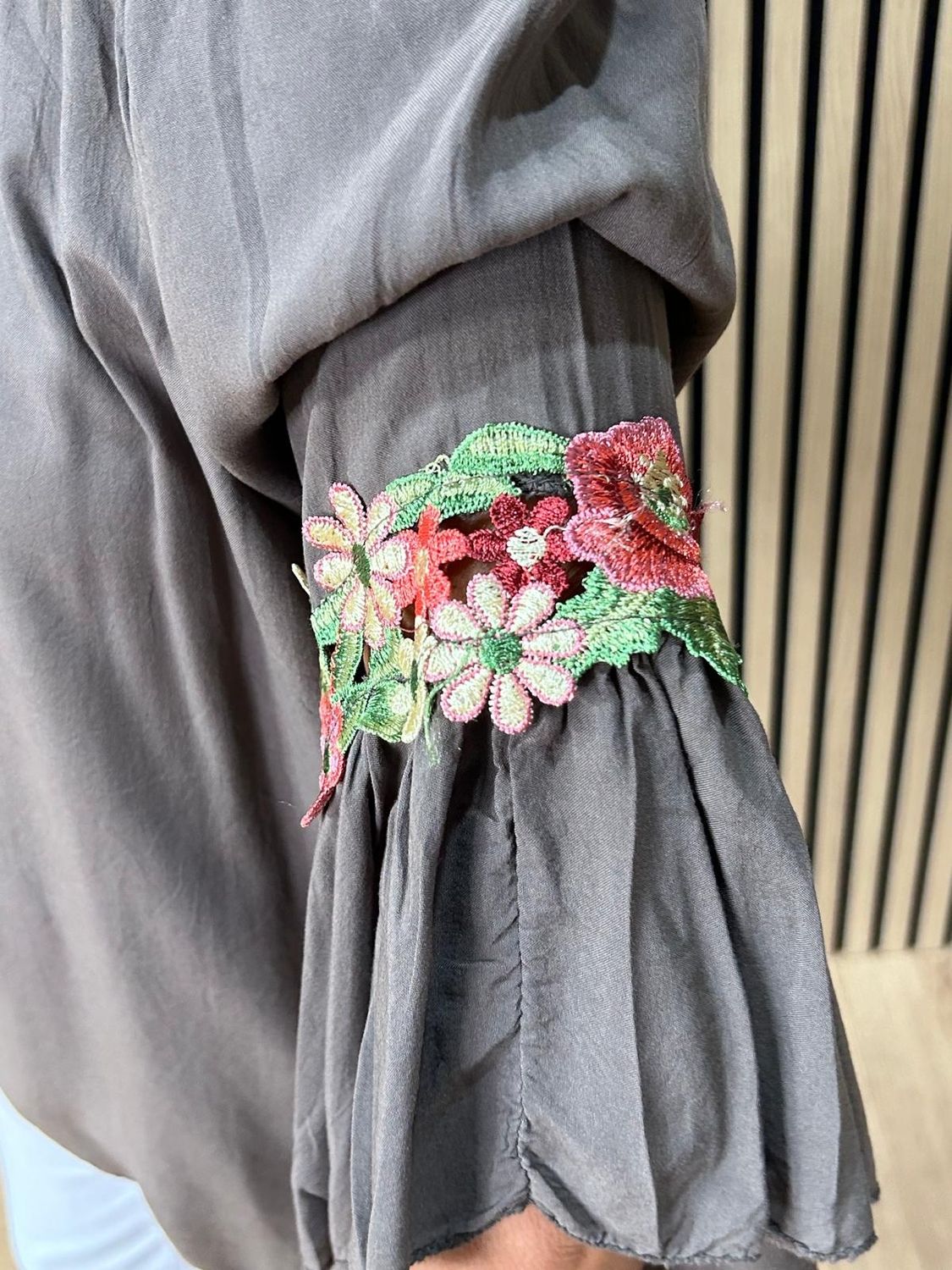 Floral Embroidered Bardot Top ~ Brown