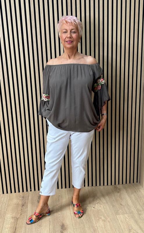 Floral Embroidered Bardot Top ~ Brown