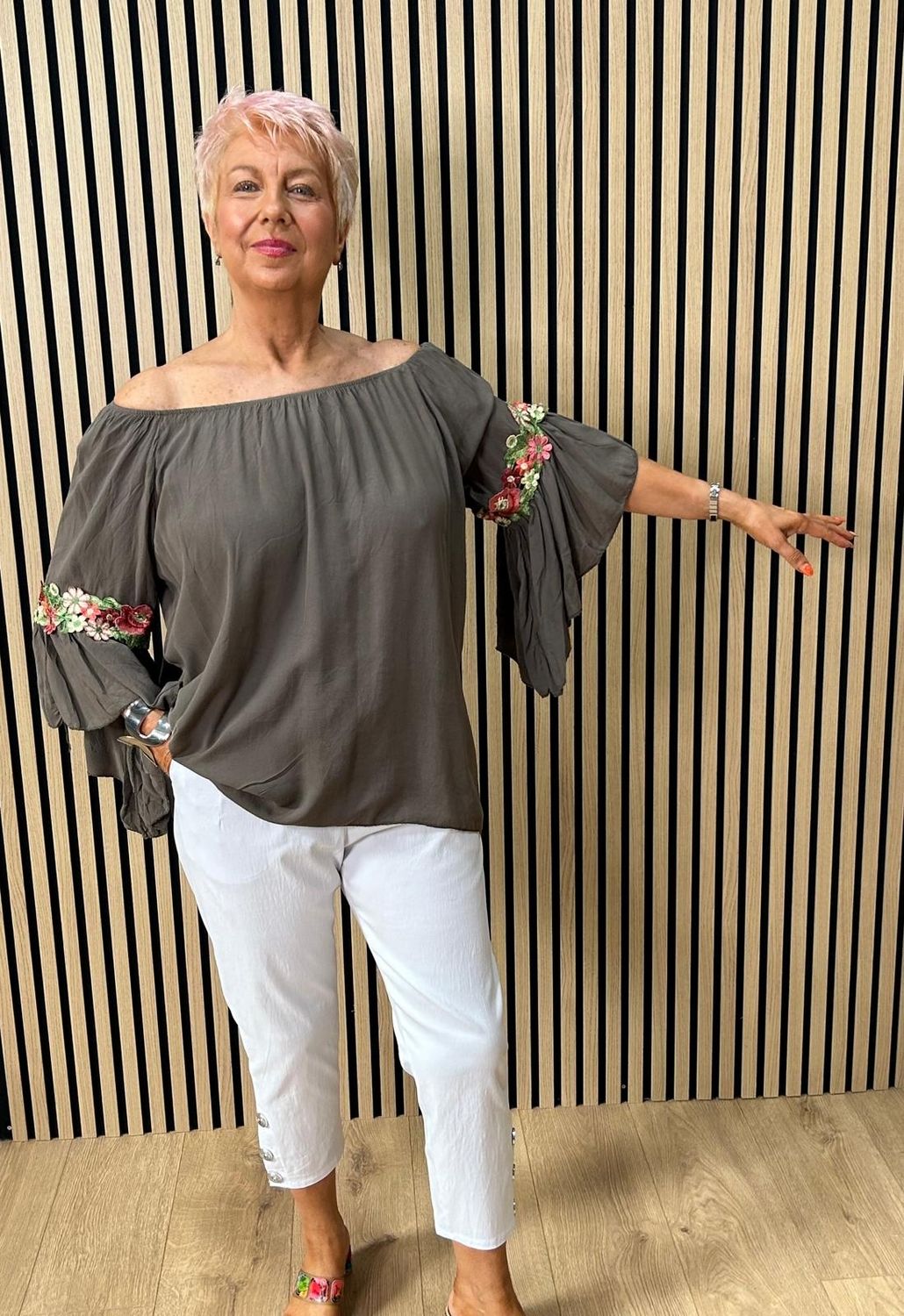 Floral Embroidered Bardot Top ~ Brown